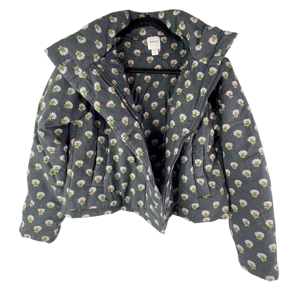 Maeve Womens XXS Daisy Print Puffer Jacket Collared Zip Up Black Pink Green - Picture 7 of 8